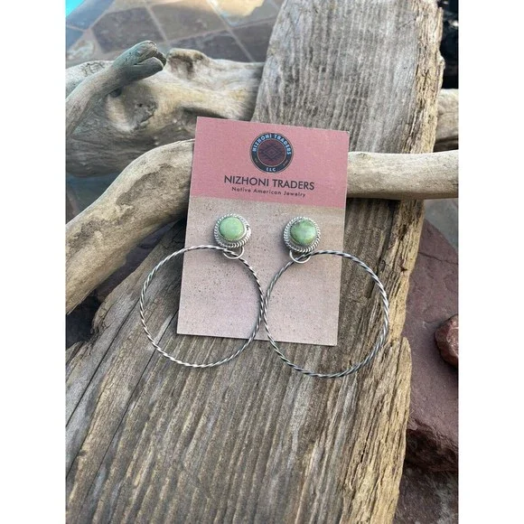 Navajo Sonoran Gold Turquoise & Sterling Silver Dangle Hoop Earrings